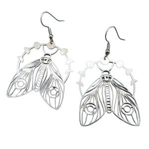 Silver Moth with Moon Phase Cutout Drop Earrings
